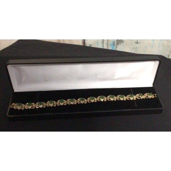 14 Stone Green Jade Filagree with 28 White Crystal Set Stone 7.5" Bracelet .36"W - Picture 4 of 4